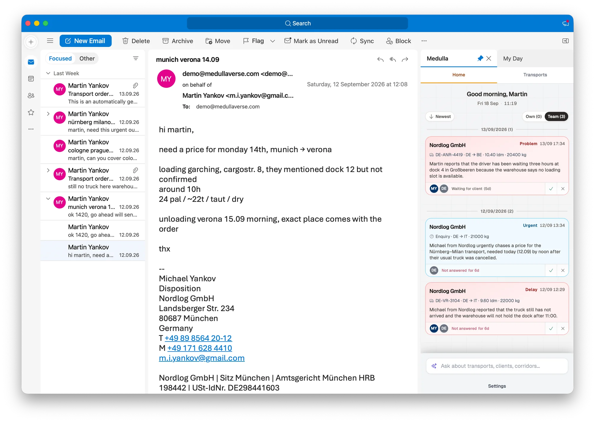 Desktop Inbox window with an open transport email and the HaulStory add-in showing Operations Home with Own and Team.